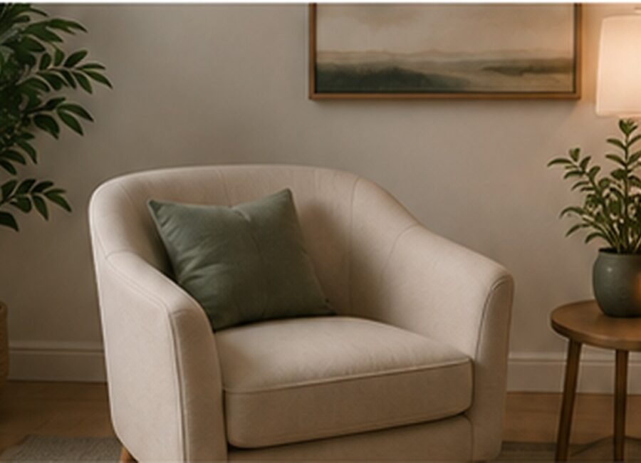 Warm quiet consultation room with a comfortable chair, lamp, and plants