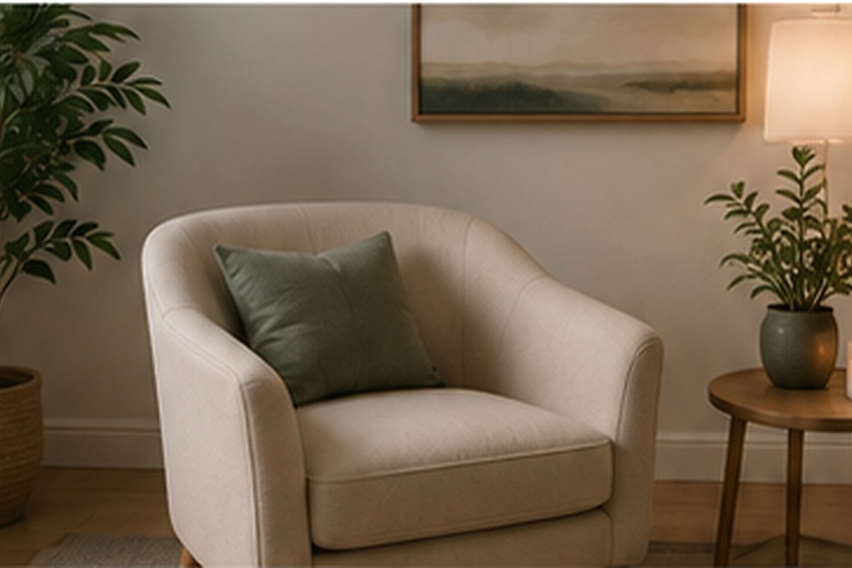Warm quiet consultation room with a comfortable chair, lamp, and plants