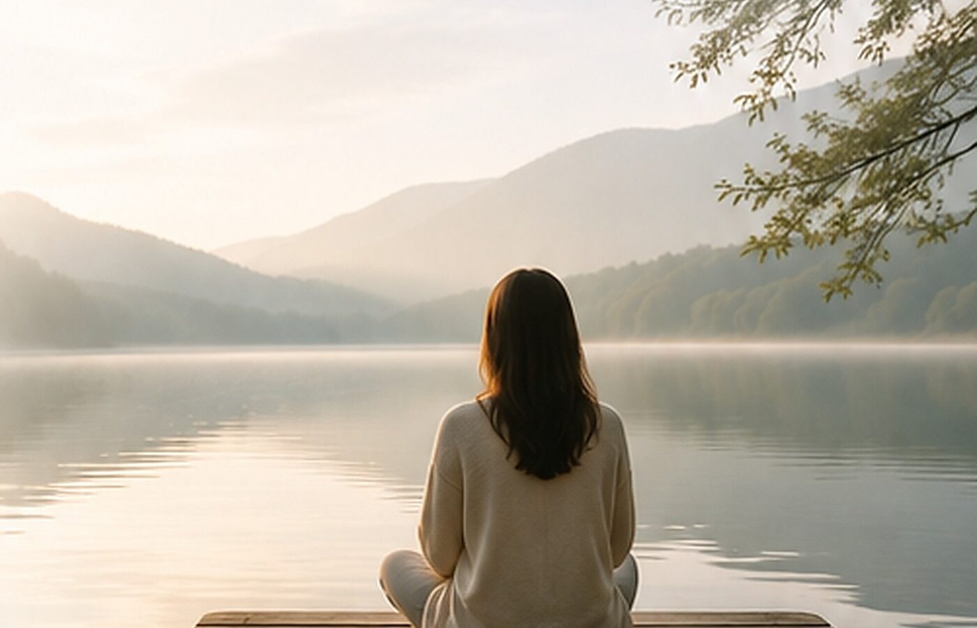Calm lake scene at sunrise with a person sitting on a wooden dock