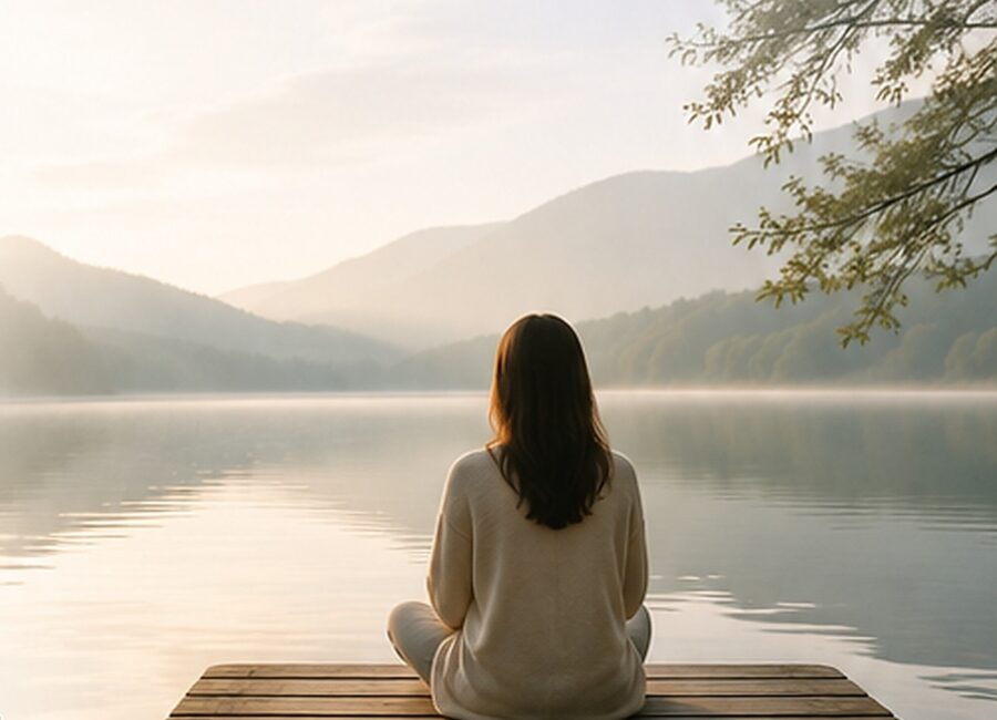 Calm lake scene at sunrise with a person sitting on a wooden dock