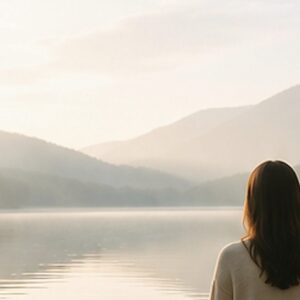 Soft sunrise over a peaceful lake and distant mountains